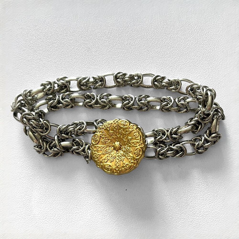 Gold Tone Flower Button Bracelet Mix Metal Chunky Link Chain Textured Medallion